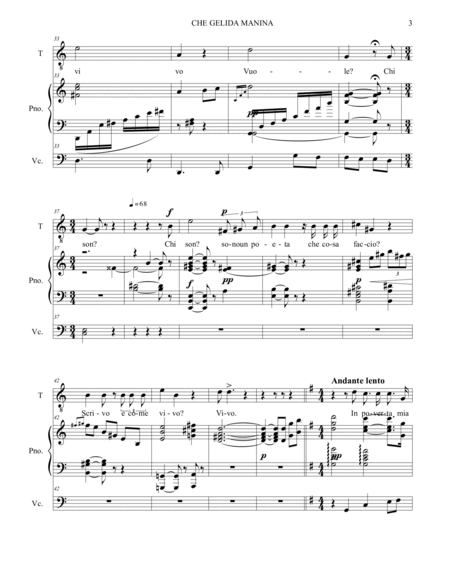 CHE GELIDA MANINA - Fron Boheme - Puccini - Arr. for Tenor, Piano and, ad libitum, Cello. With Parts image number null