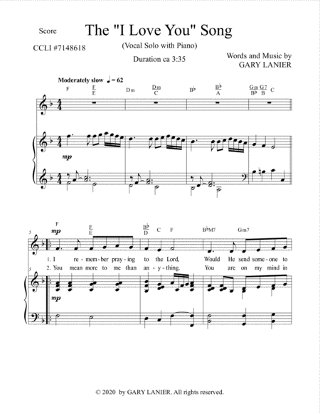 The "I LOVE YOU" Song - (Romantic for Solo Voice with Piano - Lead Sheet with words and chords incl image number null