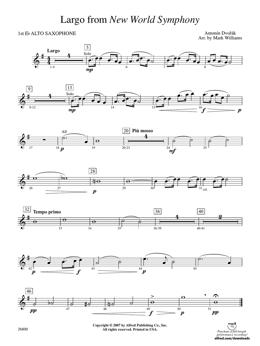 Largo from New World Symphony: E-flat Alto Saxophone