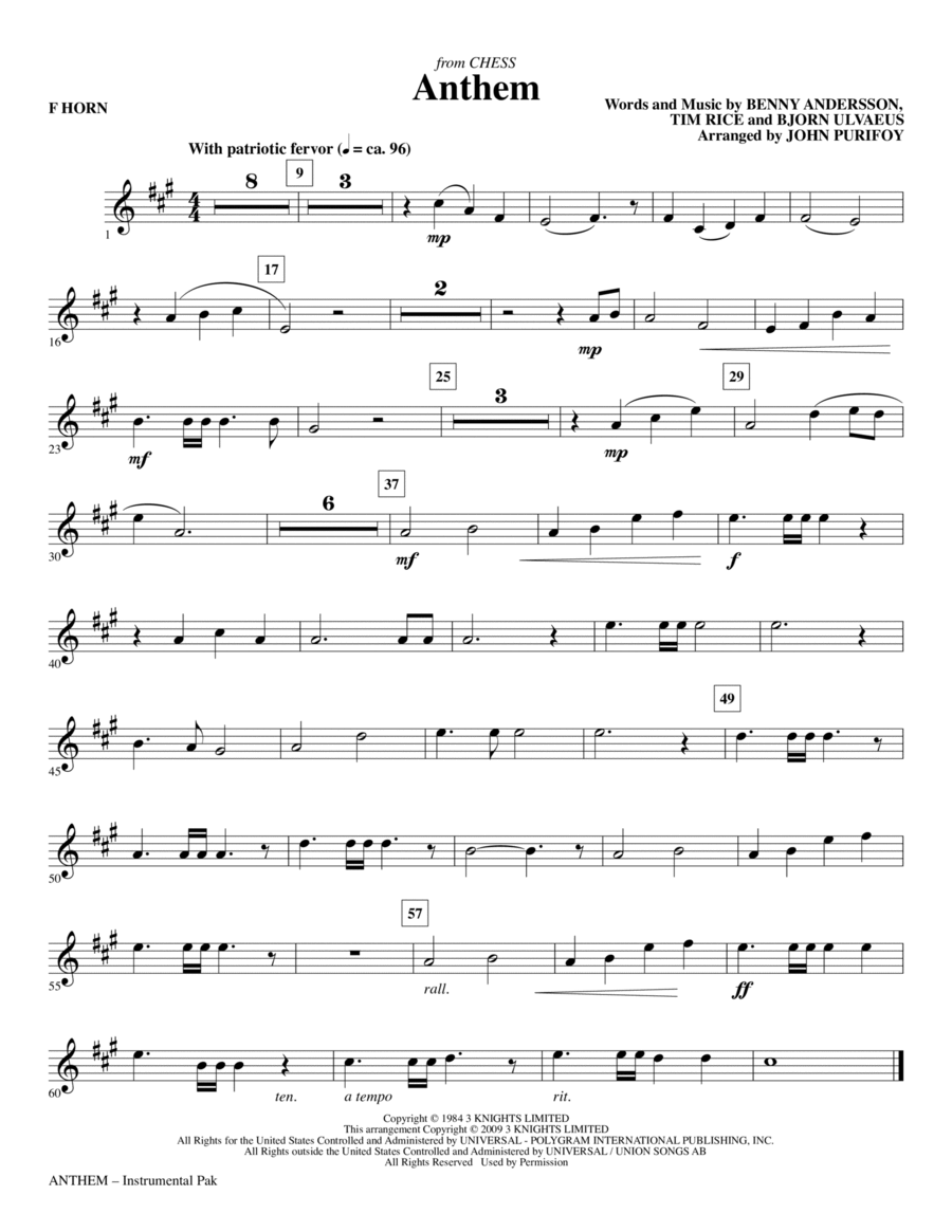 Anthem (from Chess) - F Horn Choir scores gallery preview page 1