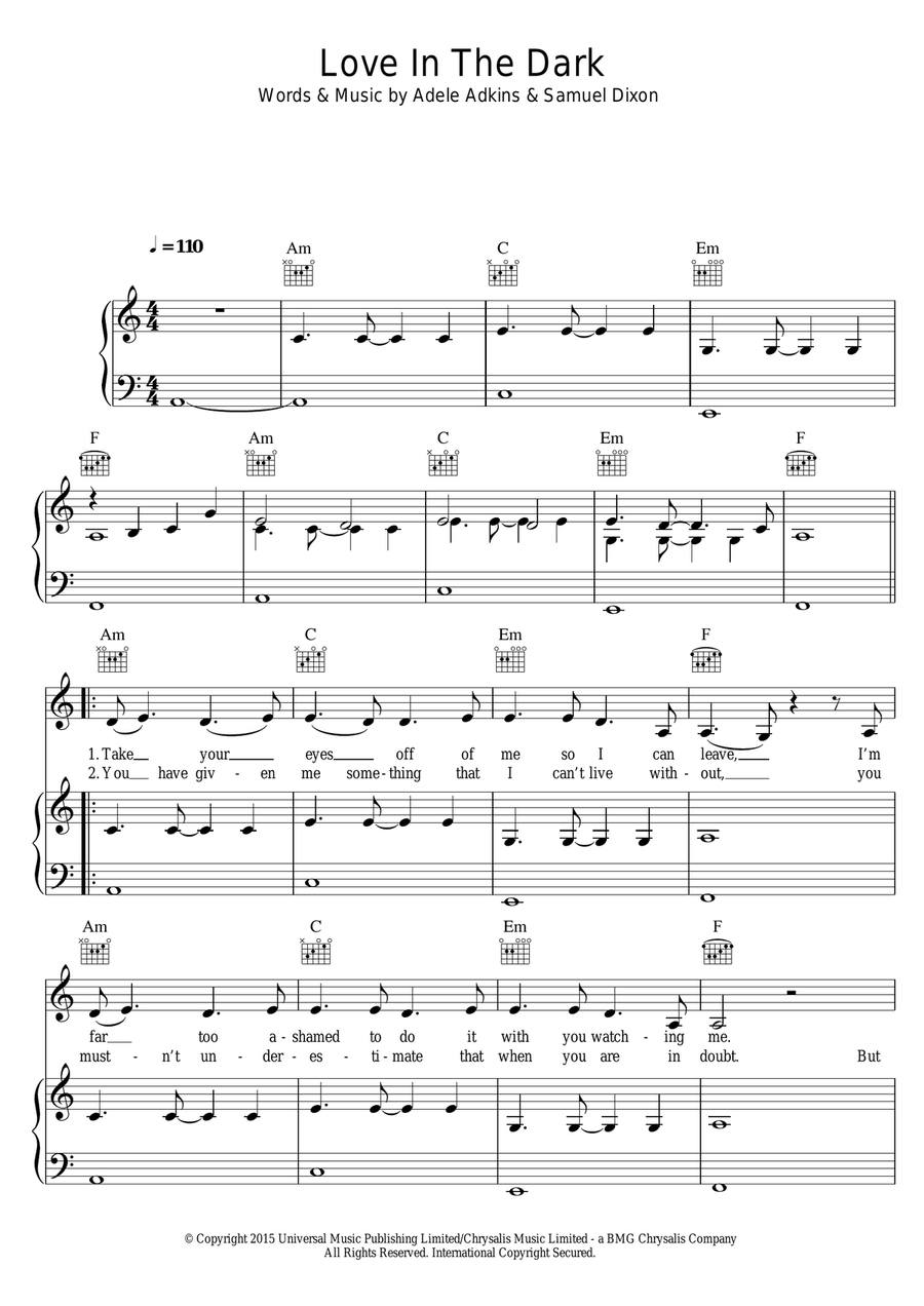 Love In The Dark Love In The Dark Piano, Vocal, Guitar scores gallery preview page 1