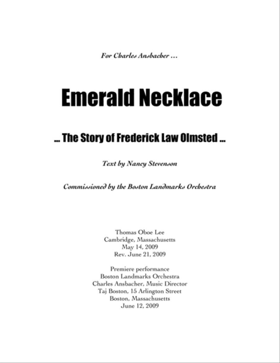 Emerald Necklace ... The Story of Frederick Law Olmsted (2009) for narrator and orchestra Large Ensemble scores gallery preview page 1