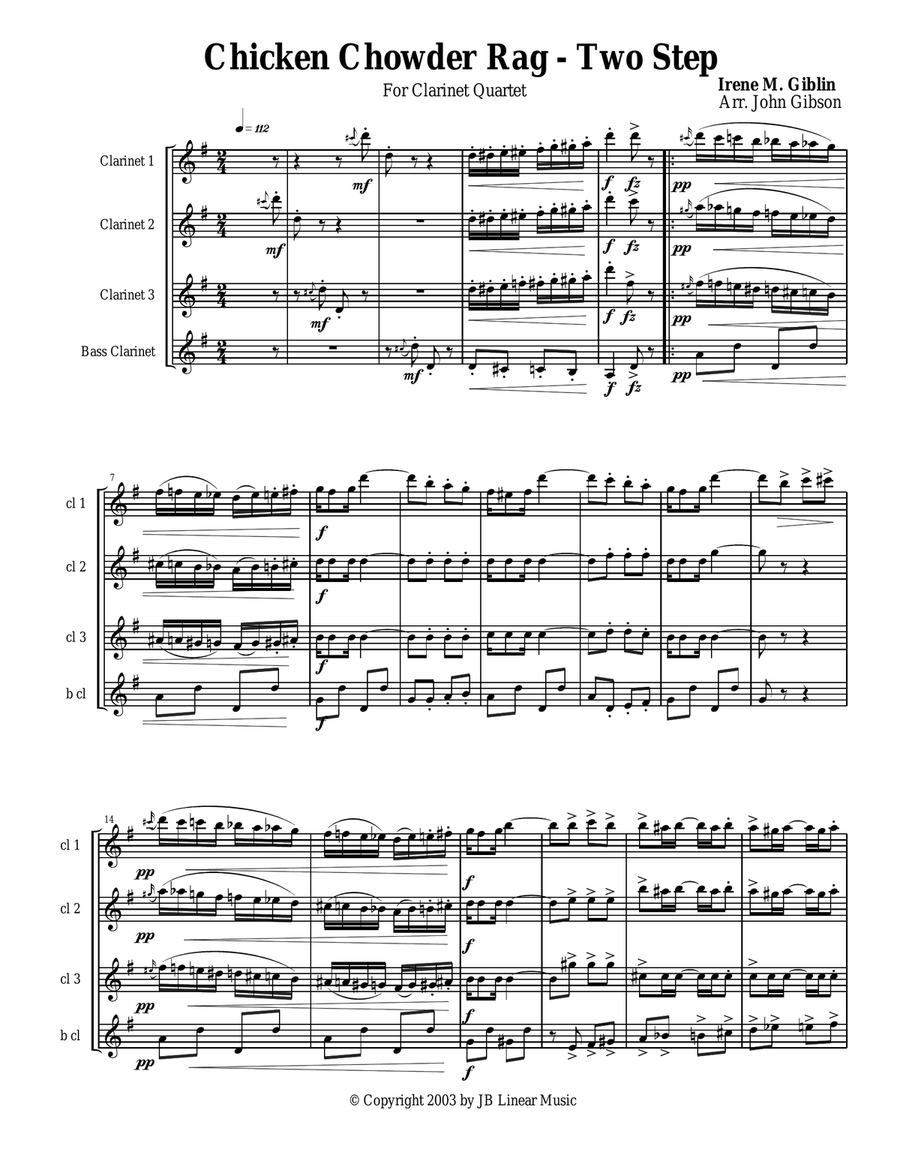 Chicken Chowder Rag by Irene Giblin for Clarinet Quartet Clarinet Quartet scores gallery preview page 1