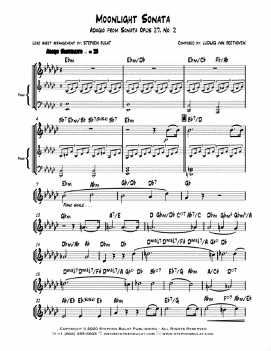 Moonlight Sonata - Adagio from Sonata Opus 27 No. 2 (Beethoven) - Lead sheet (key of Eb minor) Large Ensemble scores gallery preview page 1