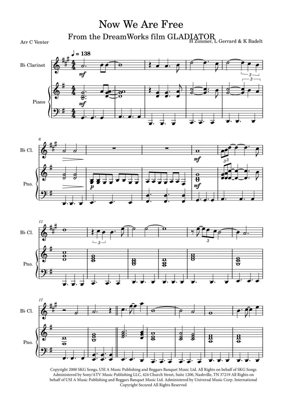 Now We Are Free B-Flat Clarinet scores gallery preview page 1
