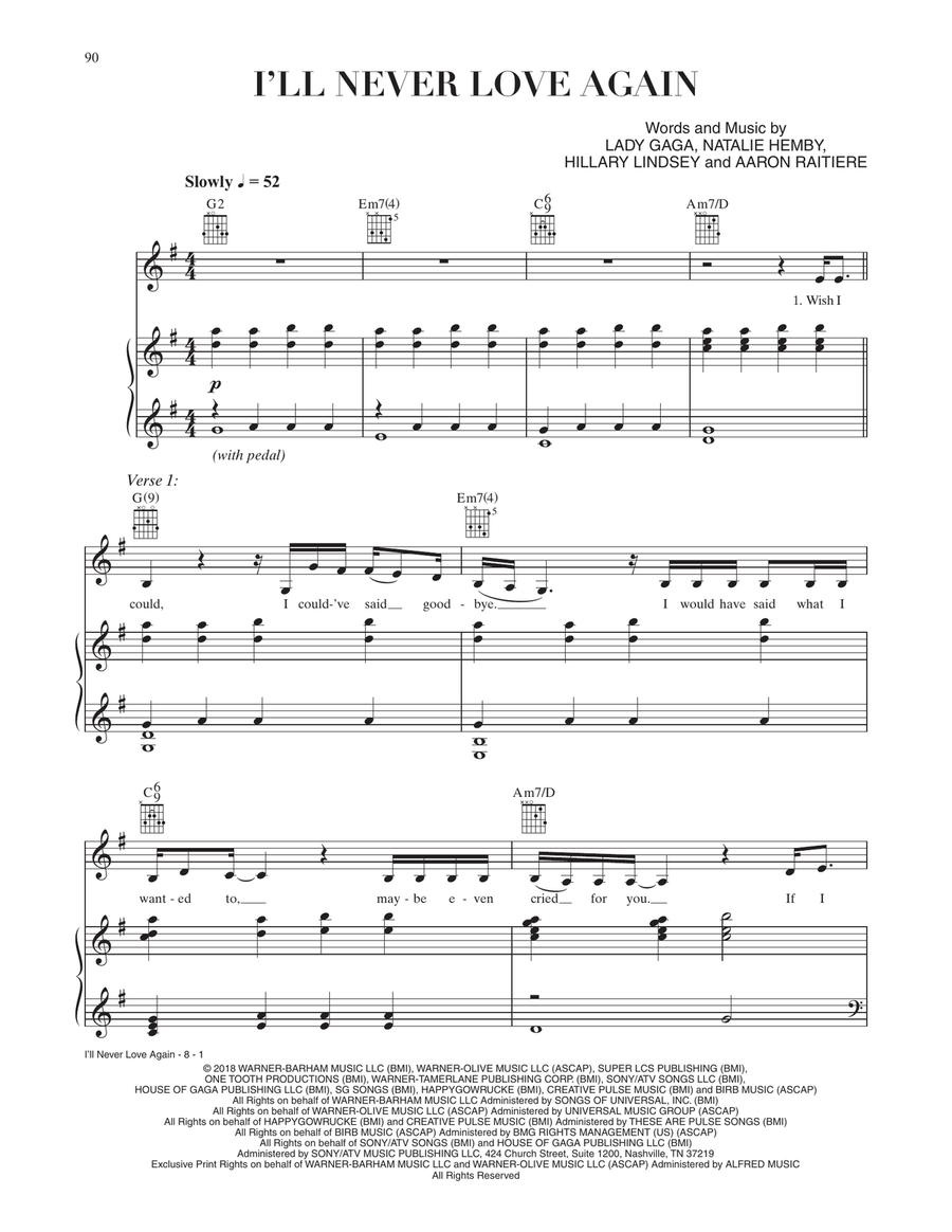 I'll Never Love Again (from A Star Is Born) Piano, Vocal, Guitar scores gallery preview page 1