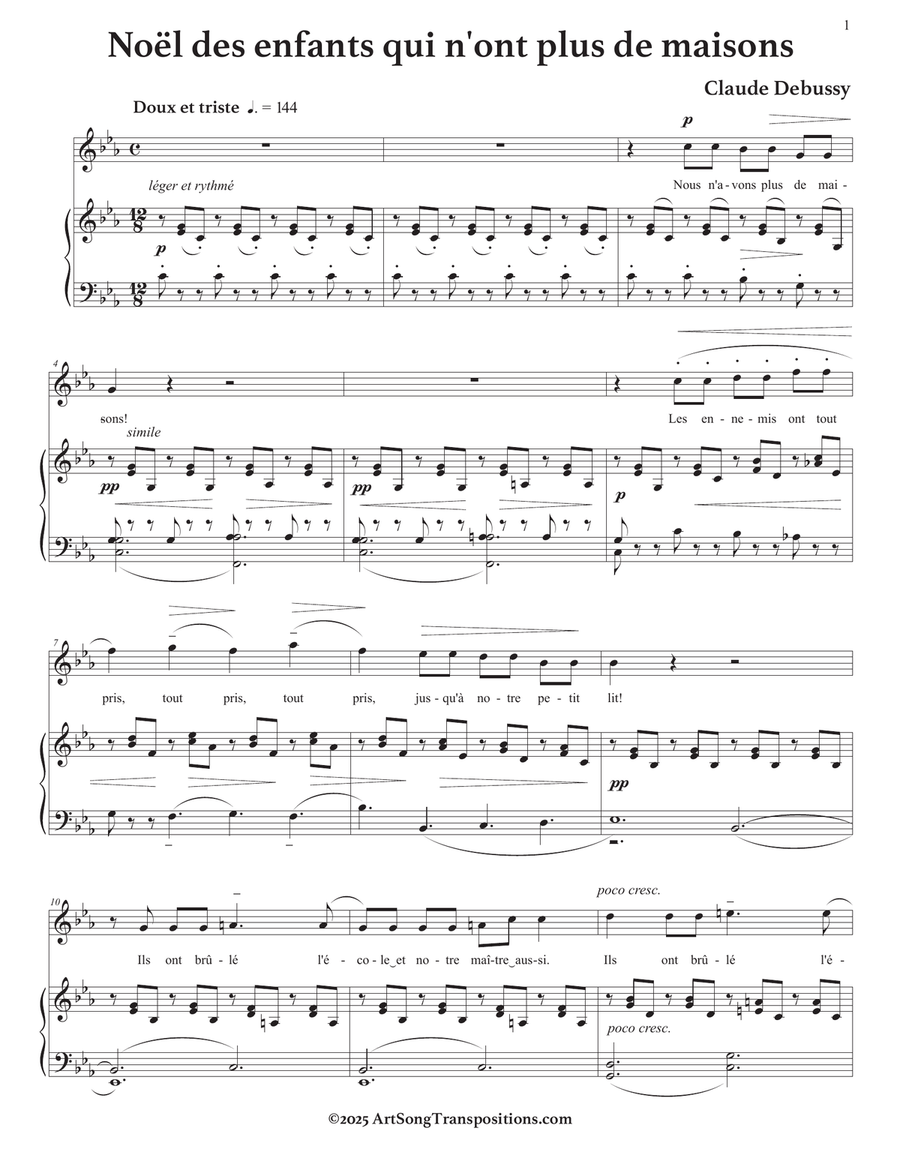 DEBUSSY: Noël des enfants qui n'ont plus de maisons (transposed to C minor) Piano, Vocal scores gallery preview page 2
