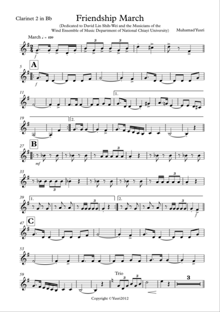 Friendship March (Clarinet 2 Part) Concert Band scores gallery preview page 1