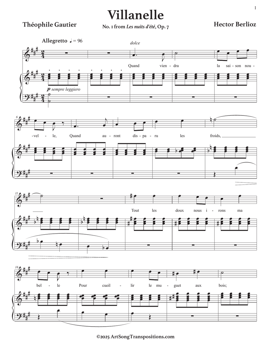 BERLIOZ: Villanelle, Op. 7 no. 1 (transposed to A major) Piano, Vocal scores gallery preview page 2