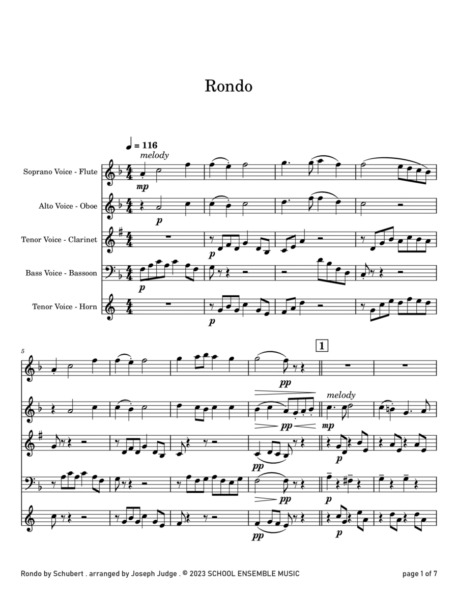 Rondo by Schubert for Woodwind Quartet in Schools Woodwind Quartet scores gallery preview page 1