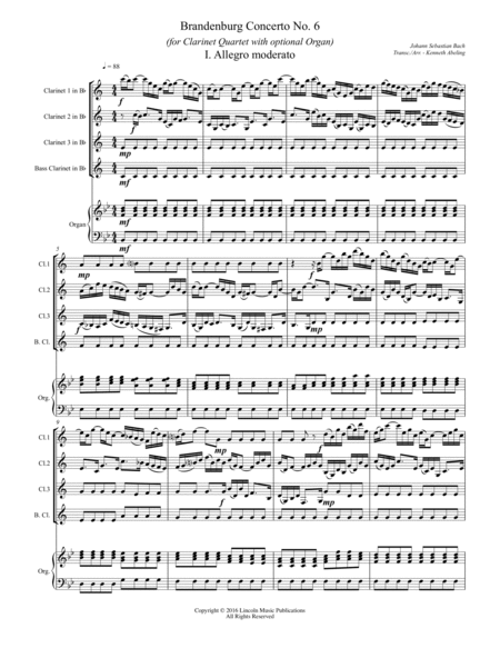 Bach - Brandenburg Concerto No. 6 (for Clarinet Quartet and optional Organ) image number null