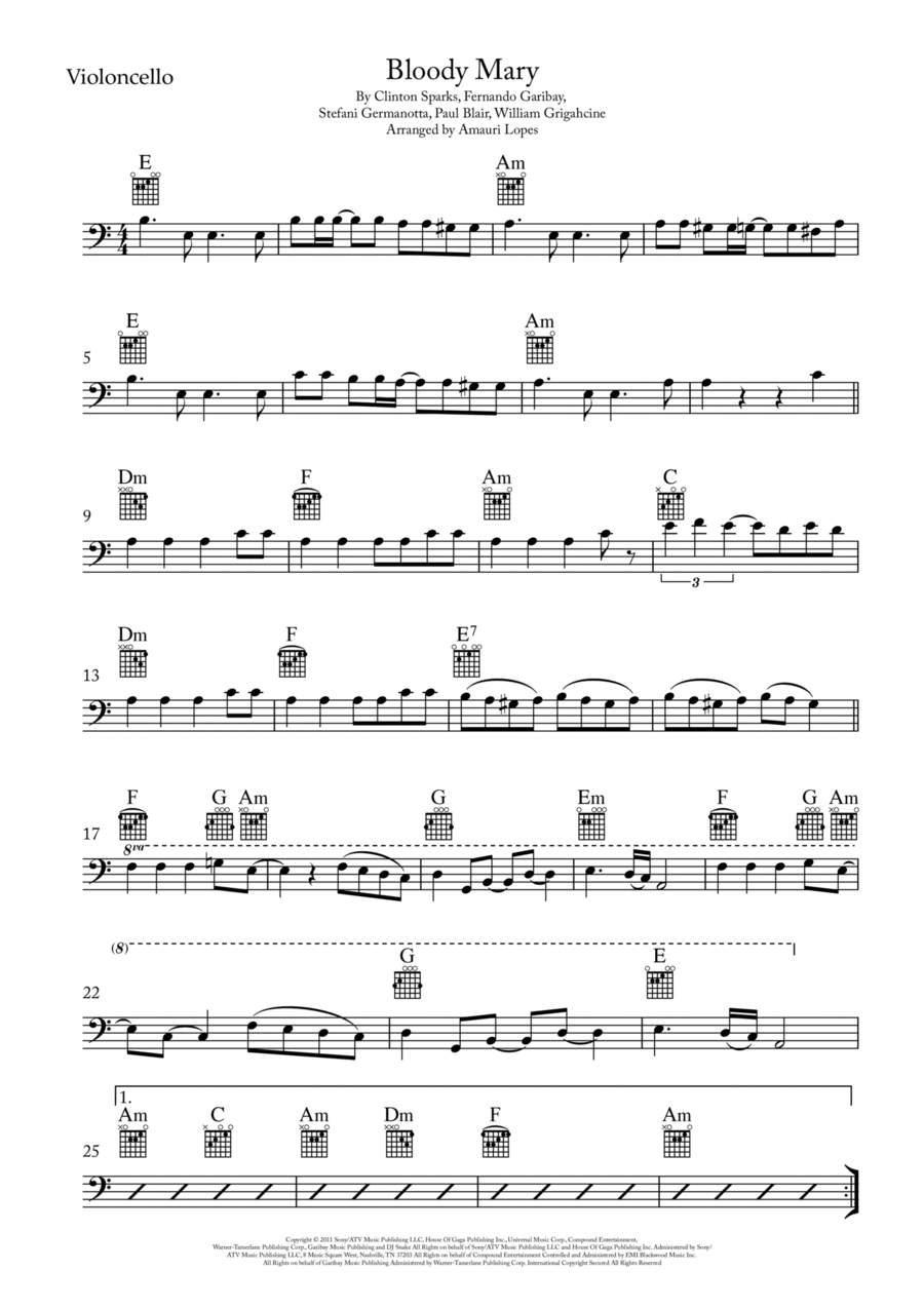 Bloody Mary Cello Solo scores gallery preview page 1