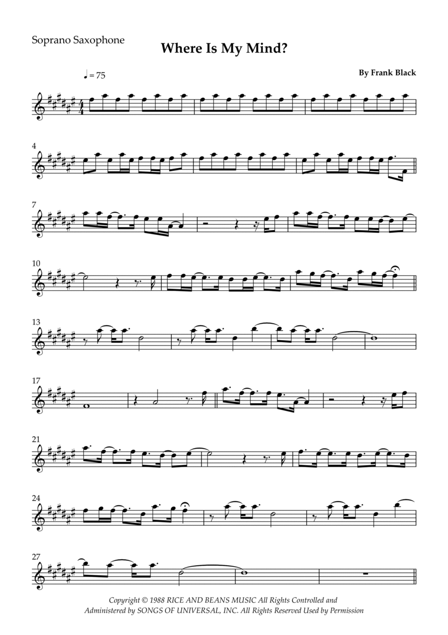 Where Is My Mind? Where Is My Mind? Soprano Saxophone scores gallery preview page 1