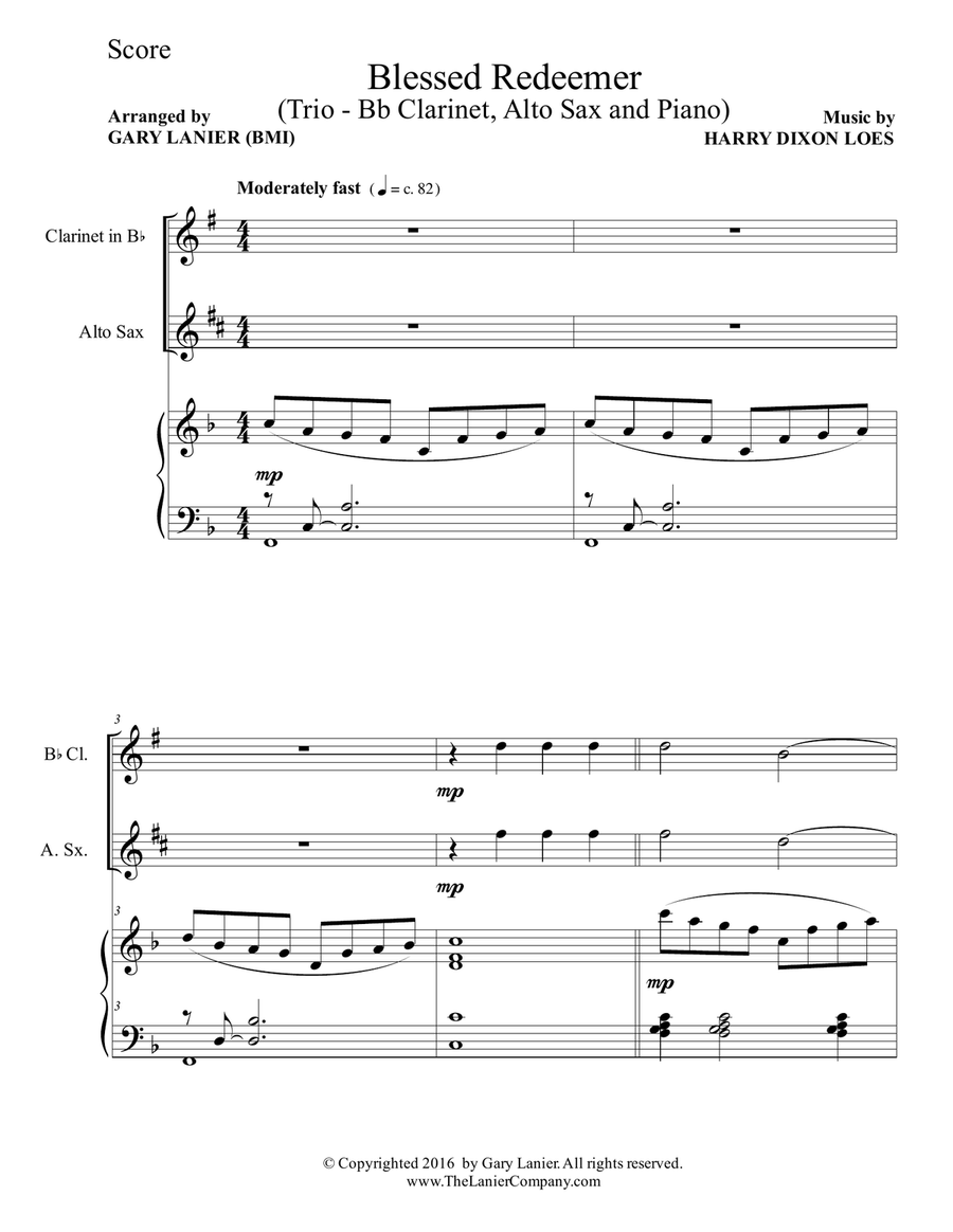 BLESSED REDEEMER(Trio – Bb Clarinet, Alto Sax & Piano with Score/Parts) Woodwind Duet scores gallery preview page 2