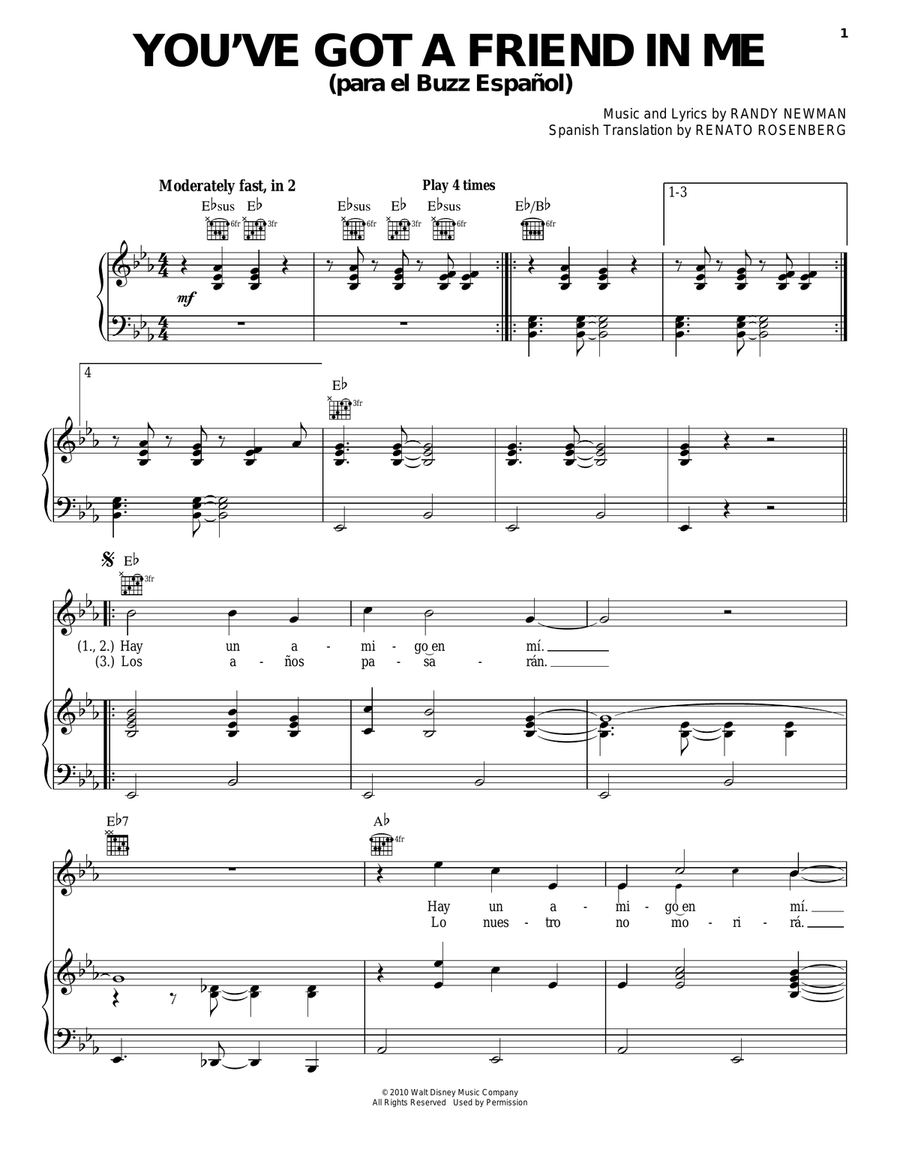 You've Got a Friend in Me (para el Buzz Español) (from Toy Story 3) Piano, Vocal, Guitar scores gallery preview page 1