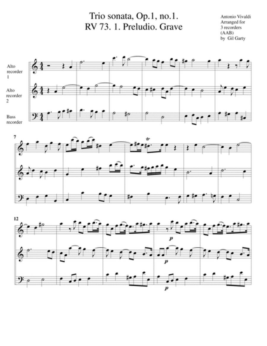 Trio sonata Op.1, no.1 RV 73 (Arrangement for 3 recorders (AAB))