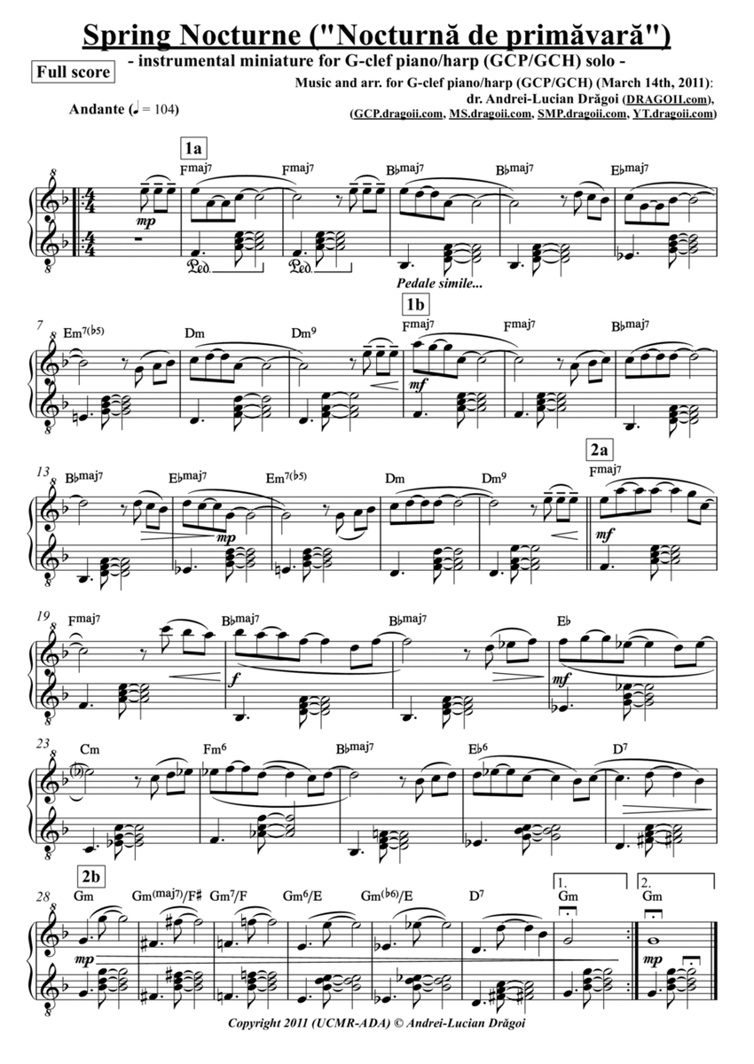 Spring Nocturne ("Nocturnă de primăvară") - arr. for G-clef piano/harp (GCP/GCH) (from my Piano a image number null