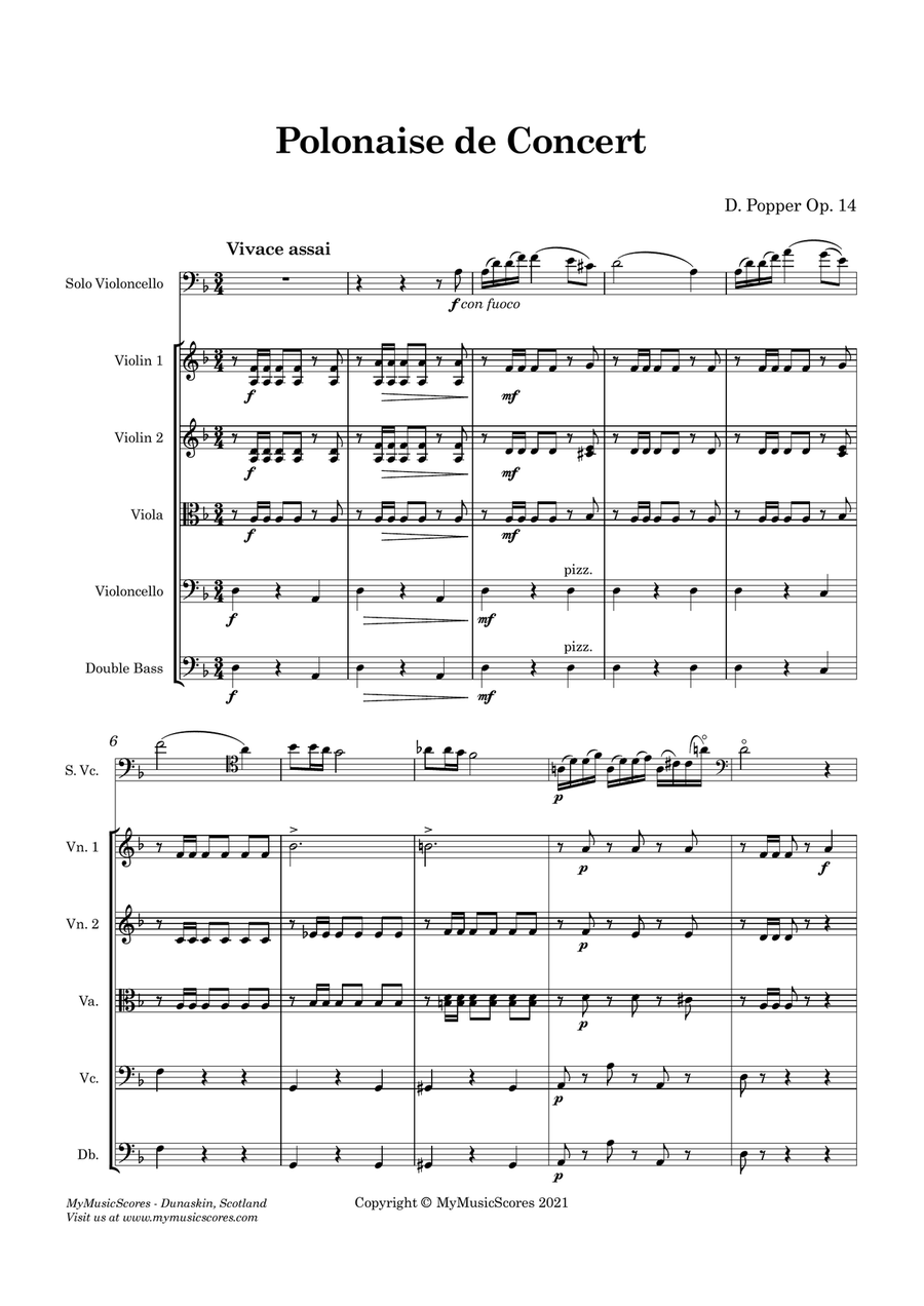 Popper Polonaise de Concert Op 14 for Cello and String Orchestra String Orchestra scores gallery preview page 2