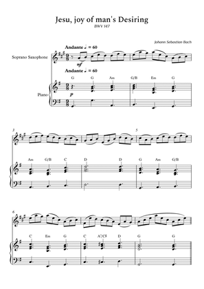 Jesu, joy of man's Desiring for Soprano Sax and Piano (With Chords) - Score and Parts