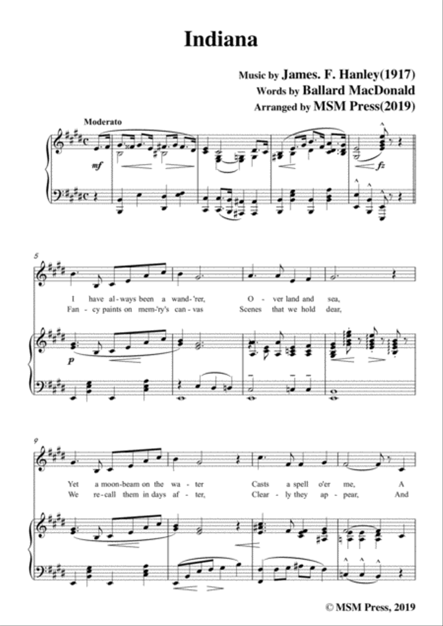 James F. Hanley-Indiana,in E Major,for Voice and Piano Voice Solo scores gallery preview page 3