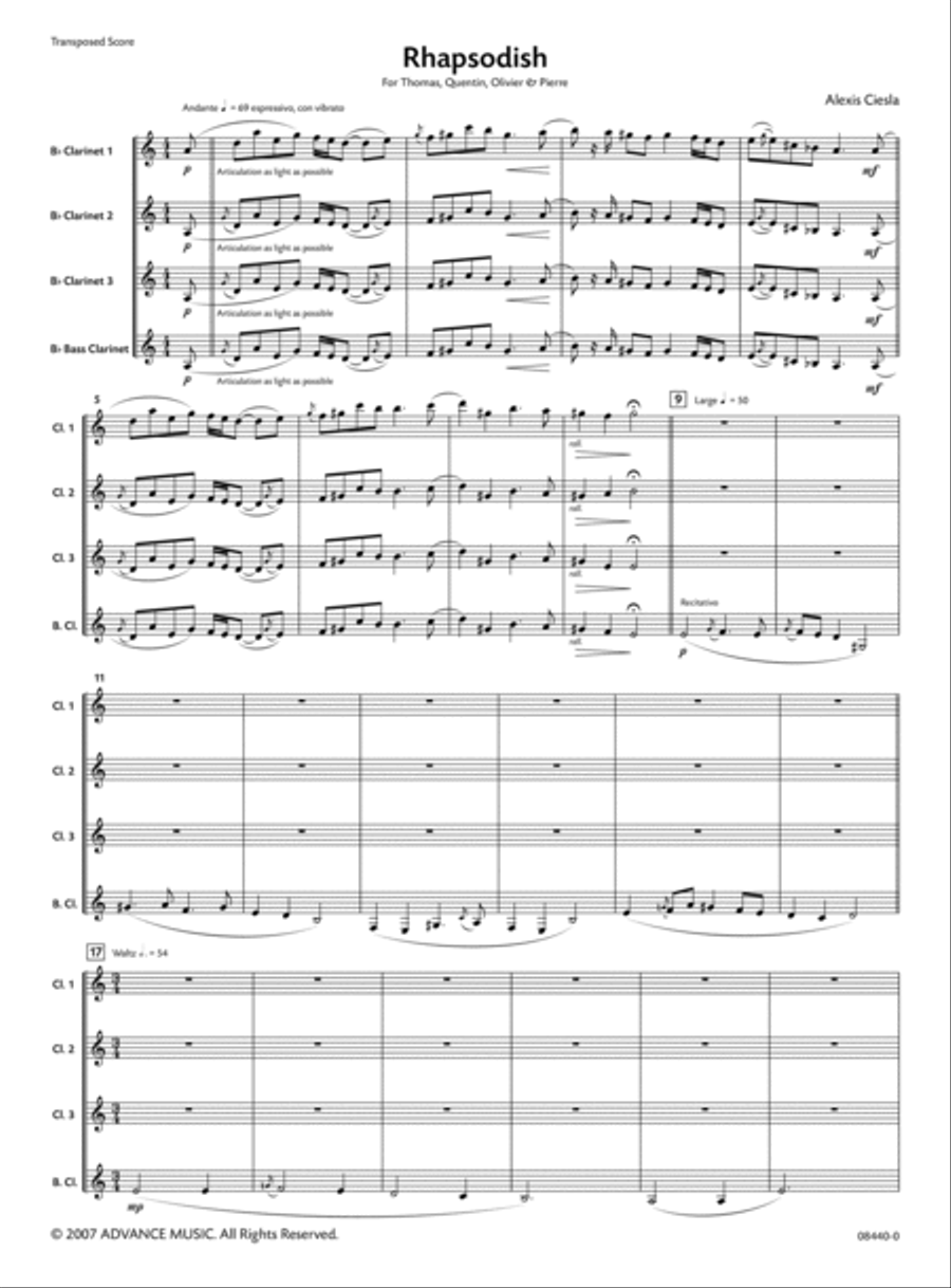 Rhapsodish Clarinet Quartet scores gallery preview page 2
