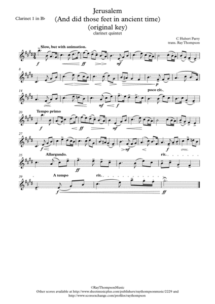 Parry: "Jerusalem" (And did those feet in ancient times)(original key of D) - clarinet quintet image number null