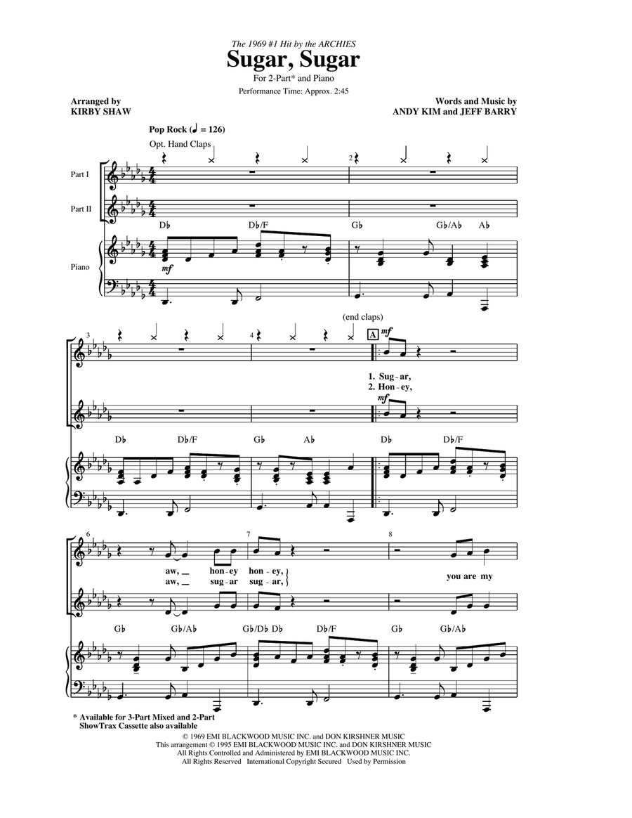 Sugar, Sugar (arr. Kirby Shaw) 2-Part scores gallery preview page 1