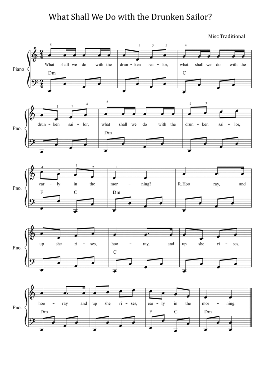What Shall We Do with the Drunken Sailor - For Easy Piano - With Chord And Lyrics image number null