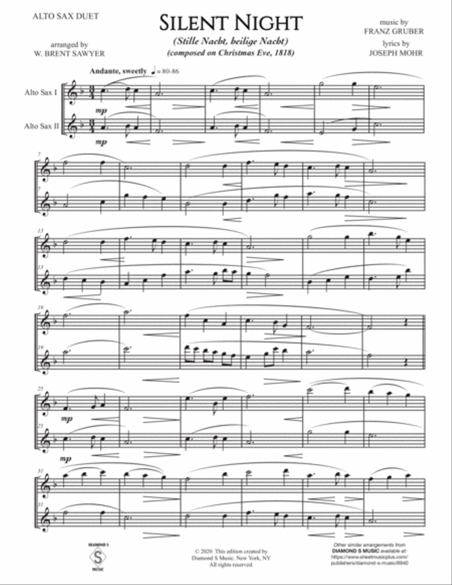 SILENT NIGHT (Stille Nacht) for ALTO SAX DUET Woodwind Duet scores gallery preview page 3
