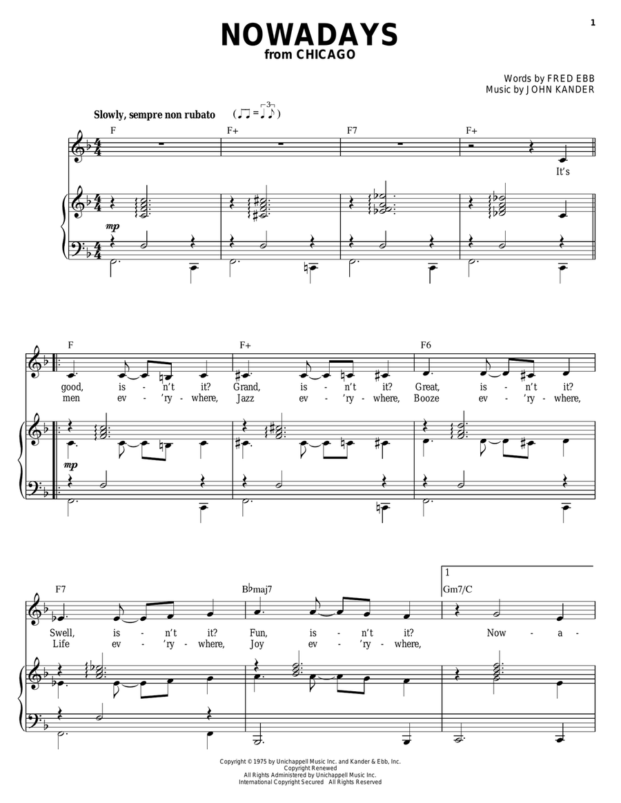 Nowadays (from Chicago) Piano, Vocal scores gallery preview page 1