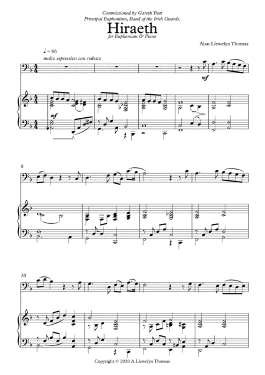 'Hiraeth' for Euphonium solo with piano accompaniment Euphonium scores gallery preview page 1