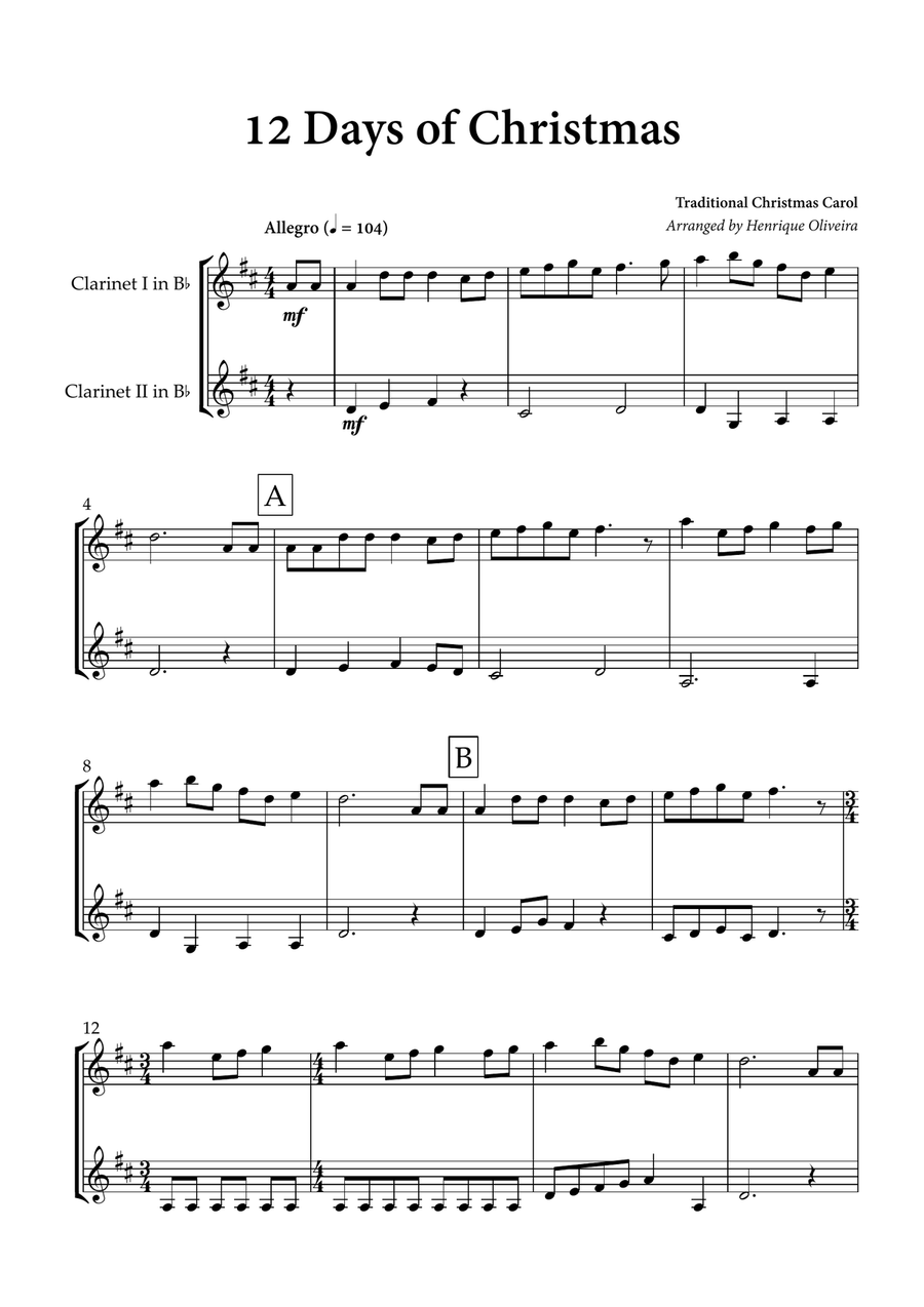 12 days of Christmas (Clarinet Duet) - Christmas Carol Clarinet Duet scores gallery preview page 1