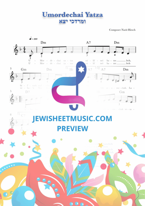 Book cover for Umordechai Yatza. Purim sheet music with lyrics.
