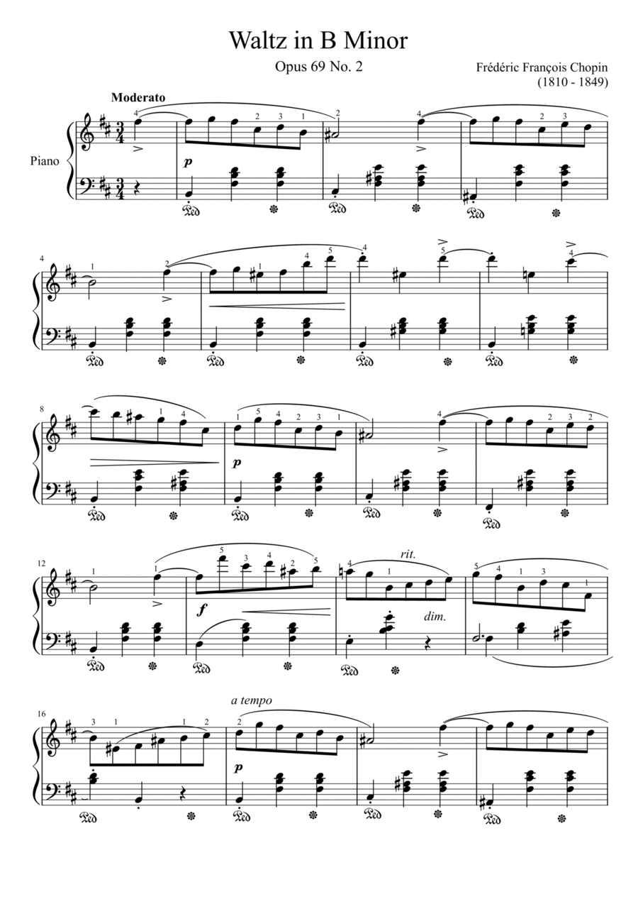 Chopin Waltz Op.69 No. 2 in B Minor Minor With Finger Piano Solo scores gallery preview page 1