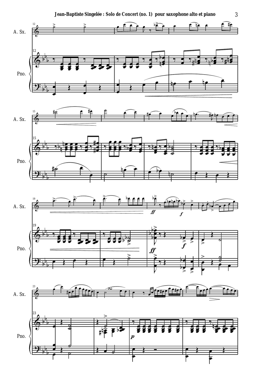 Jean-Baptiste Singelée Solo de Concert (no. 1), Opus 74 pour Saxophone Alto et Piano Piano scores gallery preview page 3