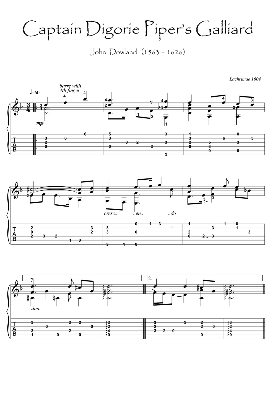 Captain Piper by Dowland guitar solo Acoustic Guitar scores gallery preview page 1