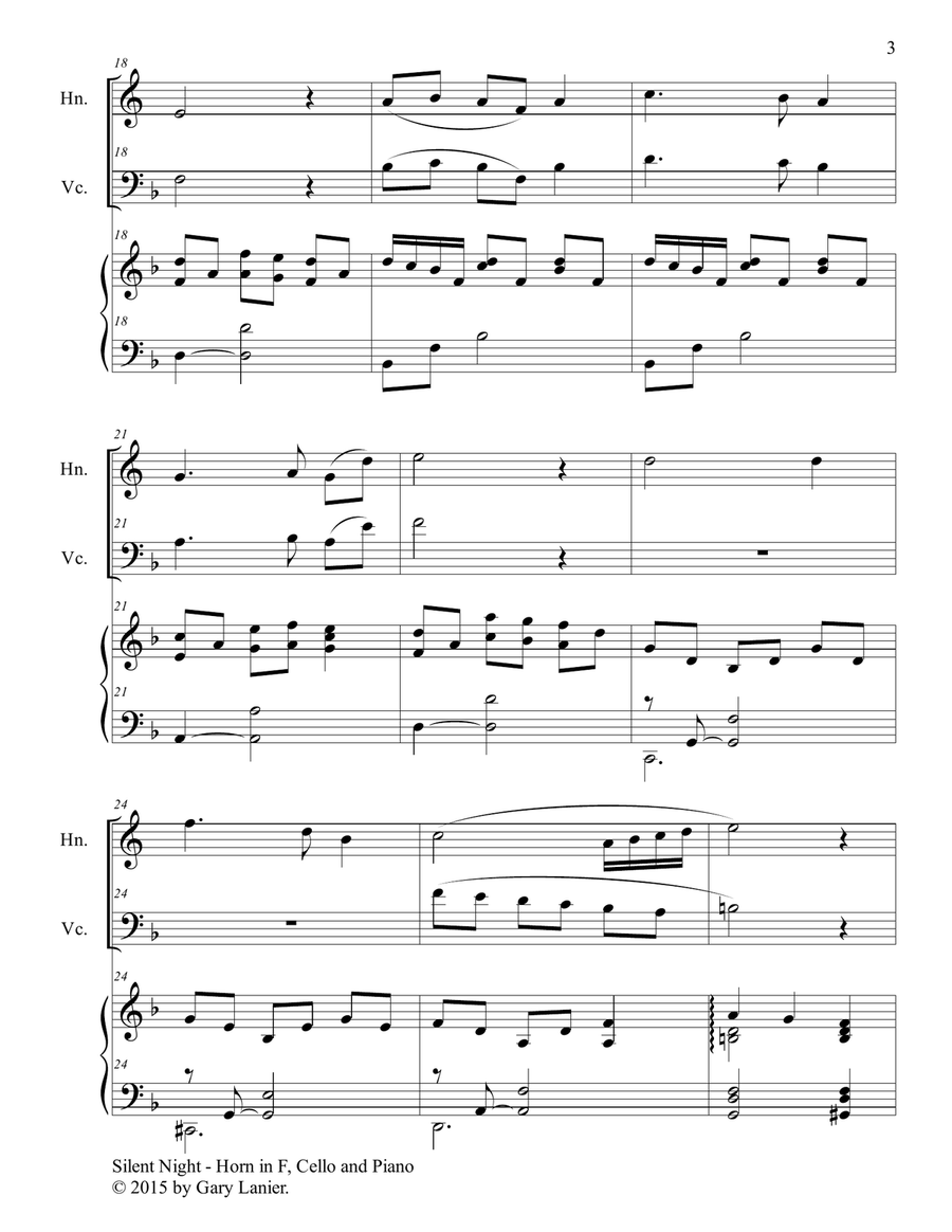 Gary Lanier: SILENT NIGHT (Trio – Horn in F, Cello & Piano with Score & Parts) Small Ensemble scores gallery preview page 4