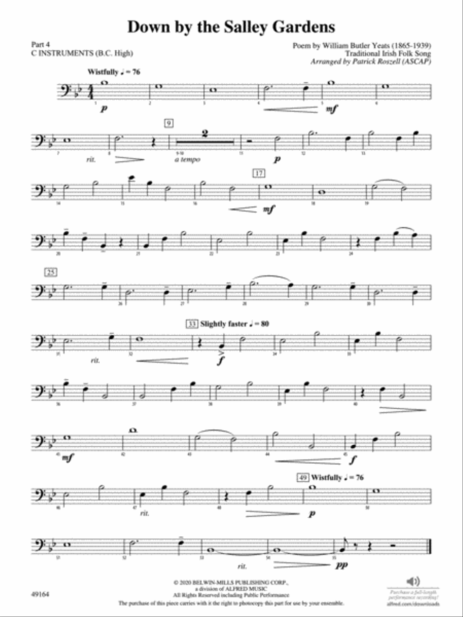 Down by the Salley Gardens: Part 4 - C Instruments (B.C. High) Concert Band scores gallery preview page 1