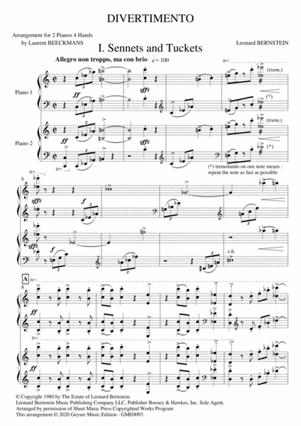 Leonard Bernstein - Divertimento - 2 Pianos 4 Hands