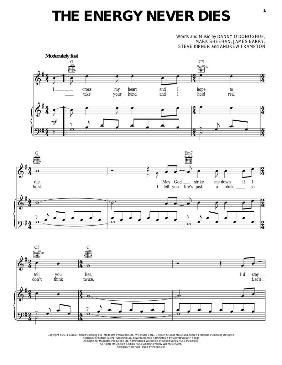 The Energy Never Dies Piano, Vocal, Guitar scores gallery preview page 1