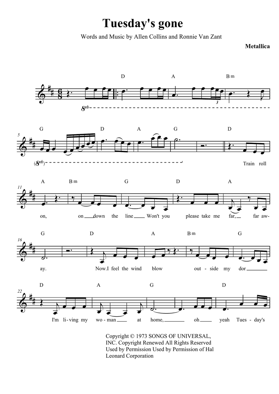Tuesday's Gone Piano, Vocal scores gallery preview page 1