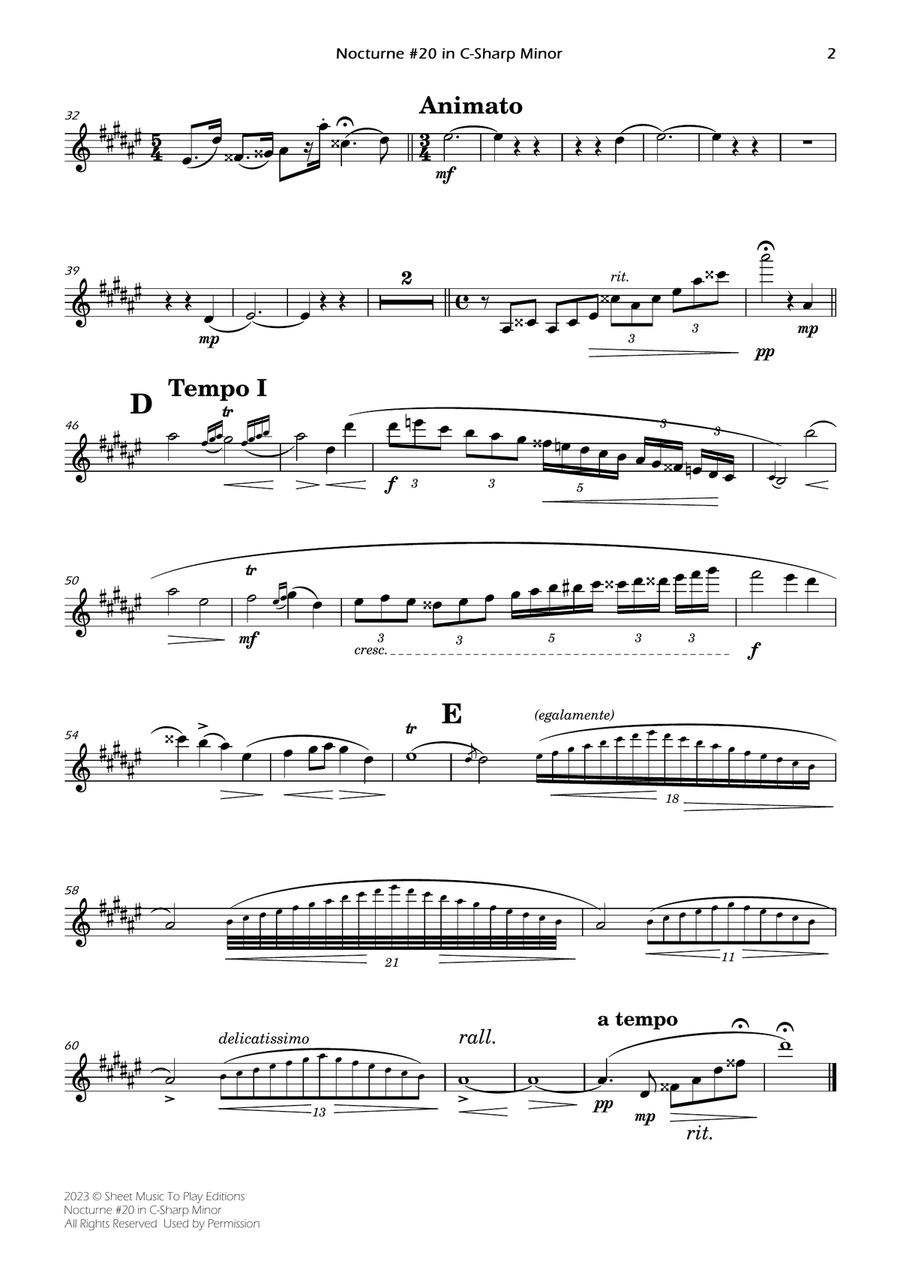 Nocturne No.20 in C Sharp minor - Clarinet Solo, Strings and Piano (Individual Parts) Large Ensemble scores gallery preview page 2