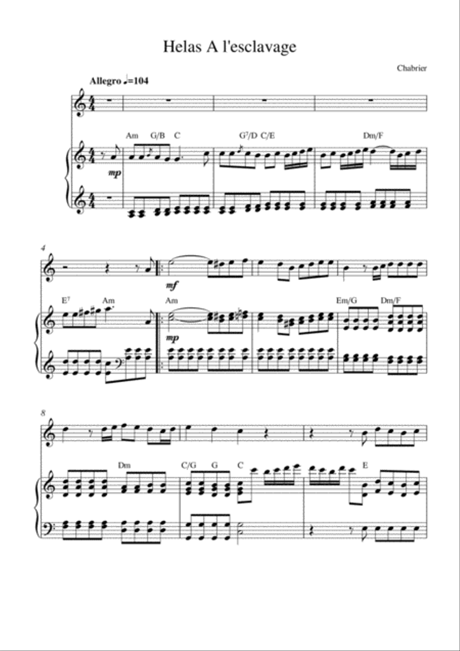 Helas! A l'esclavage (from Le roi malgré lui) Violin Solo scores gallery preview page 1