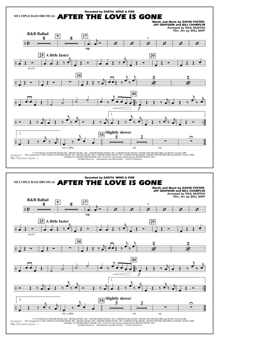After the Love Has Gone (arr. Paul Murtha) - Multiple Bass Drums Marching Band scores gallery preview page 1