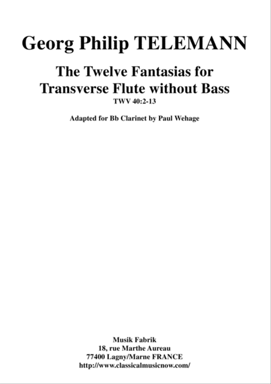 Georg Philipp Telemann: 12 Fantasias for Flute without Bass, TWV 40:2-13, arranged for Bb clarinet b B-Flat Clarinet scores gallery preview page 1