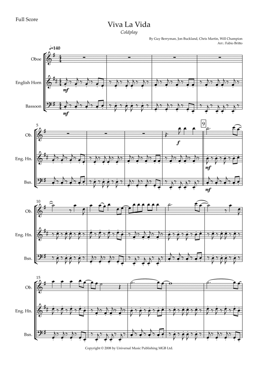 Viva La Vida Woodwind Trio scores gallery preview page 1