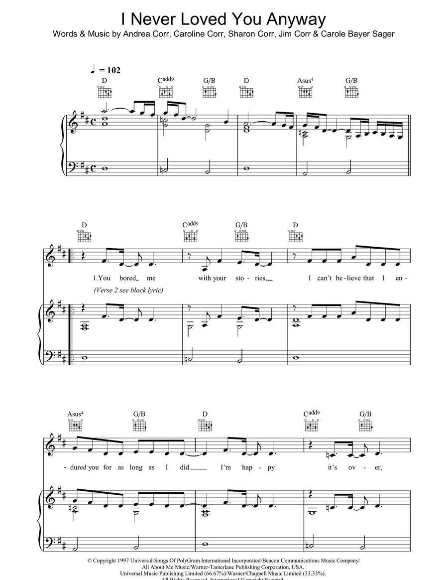 I Never Loved You Anyway I Never Loved You Anyway Piano, Vocal, Guitar scores gallery preview page 1