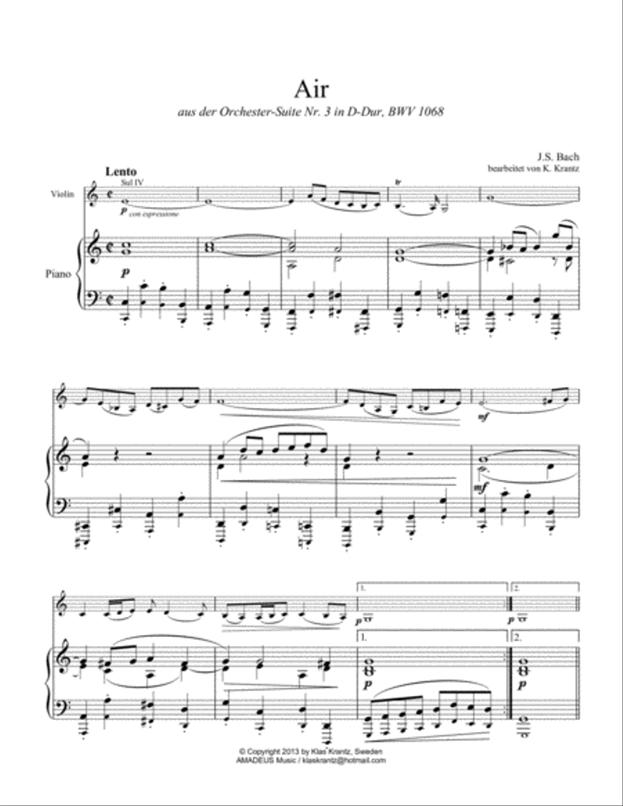 Air (on the G string) BWV 1068 for violin and piano Violin Solo scores gallery preview page 2