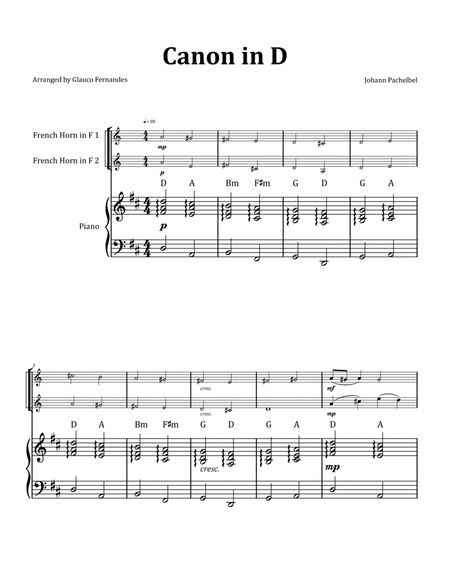 Canon by Pachelbel - French Horn Duet with Piano and Chord Notation image number null