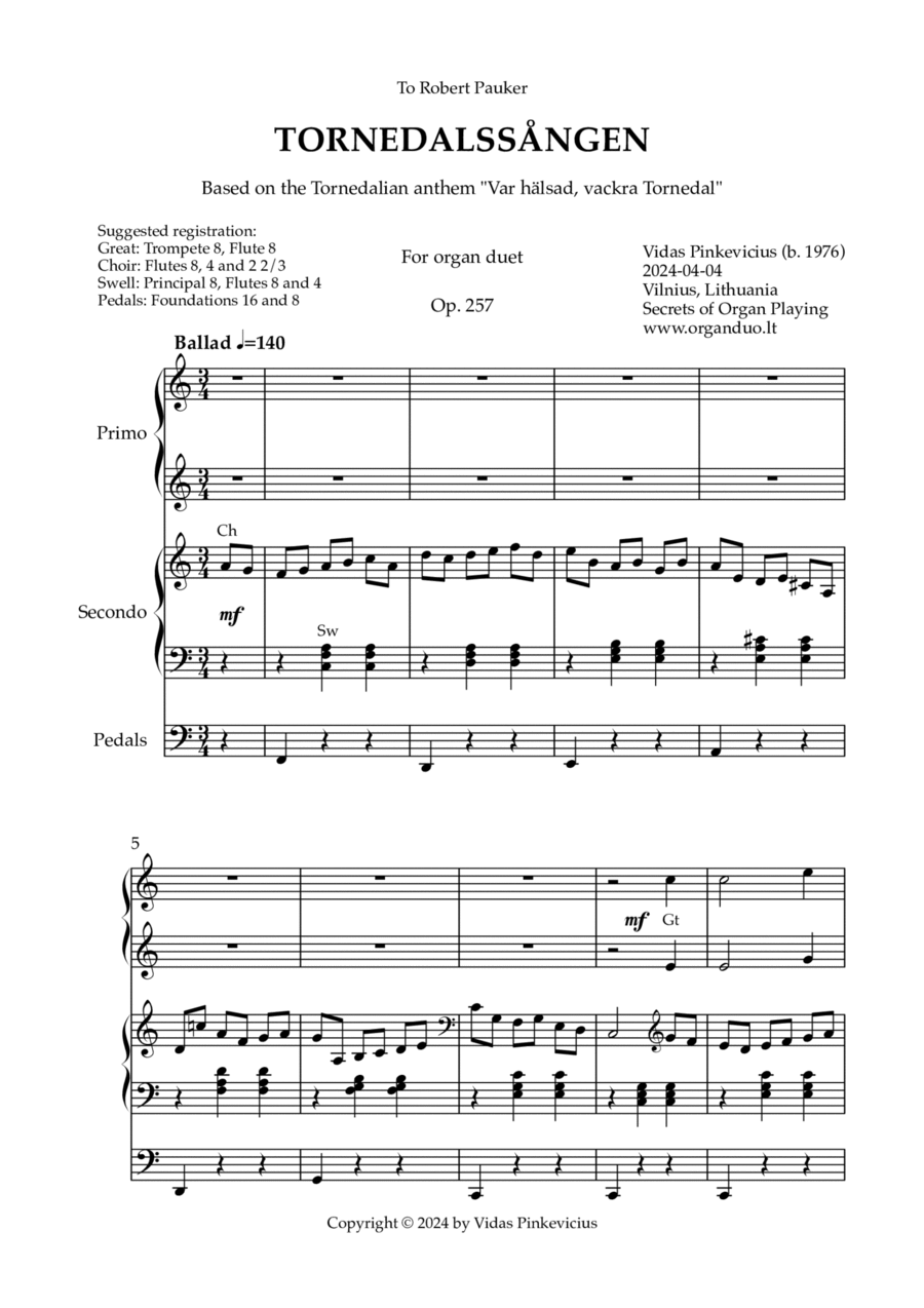 Book cover for Tornedalssången, Op. 257 (Organ Duet) by Vidas Pinkevicius